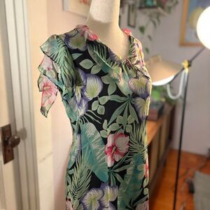 Vtg. Robbie Bee Silk Tropical Floral Maxi Dress with Ruffled Sleeves Size: 8
